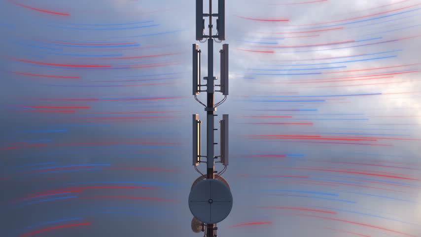 3d Animation of a communication tower sending and receiving radio wave signals