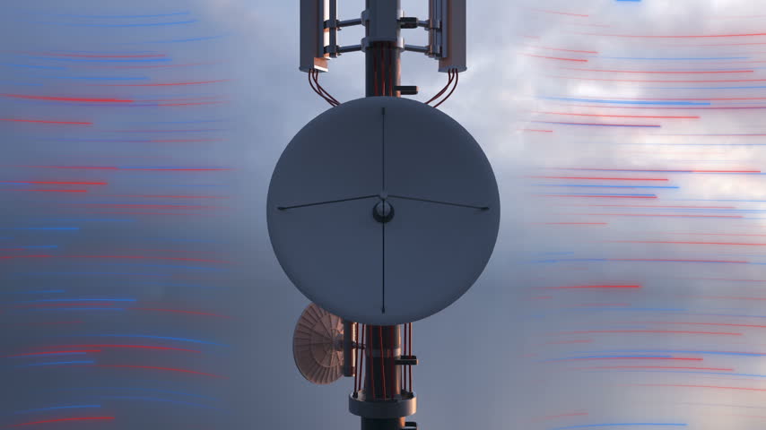 3d Animation of a communication tower sending and receiving radio wave signals