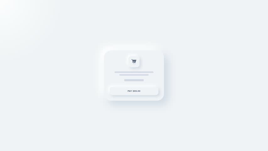 A clean minimalist 3D render displays a neumorphic user interface card with a shopping cart icon and "PAY NOW" button against a white background, ideal for e-commerce, online shopping, and web design.