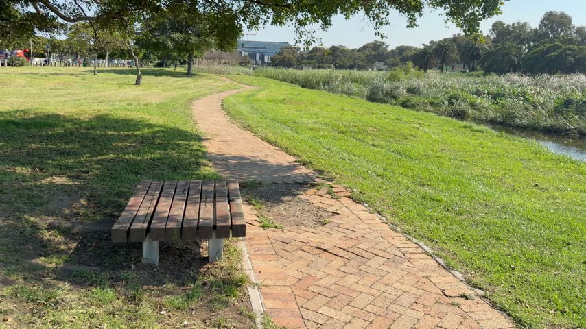 Park bench next to a path and a river on a sunny day.