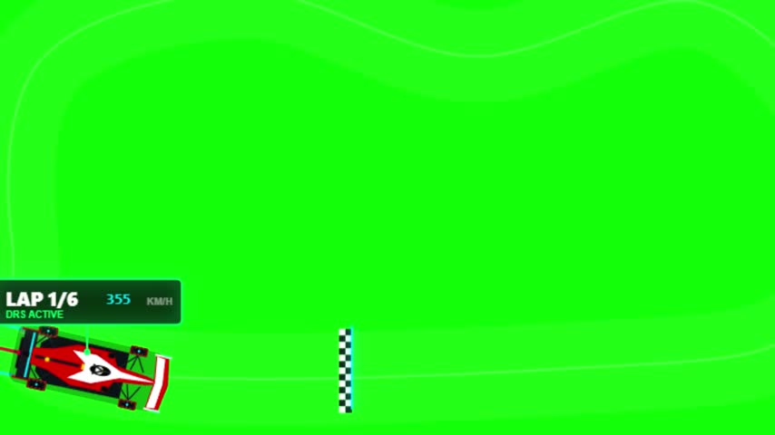 Top-down digital animation of a formula racing car speeding around a racing circuit, crossing the checkered start finish line with lap counter, DRS active and high-speed telemetry display on a green screen background. Ideal for motorsport, racing, gaming, sports and automotive video projects