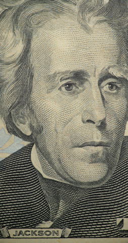 Andrew Jackson dollar portrait in Stop Motion Animation. Twenty dollar bill portrait Andrew Jackson moves through stop motion animation. Jacksons engraved face changes position within printed currency design.