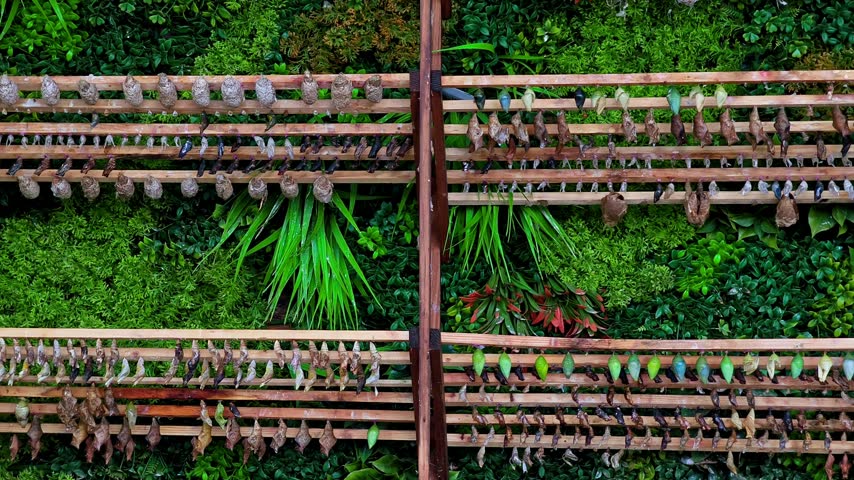 An detailed view of numerous assorted butterfly pupae and chrysalises hanging on a wooden display structure in a conservatory. Ideal for biology.
