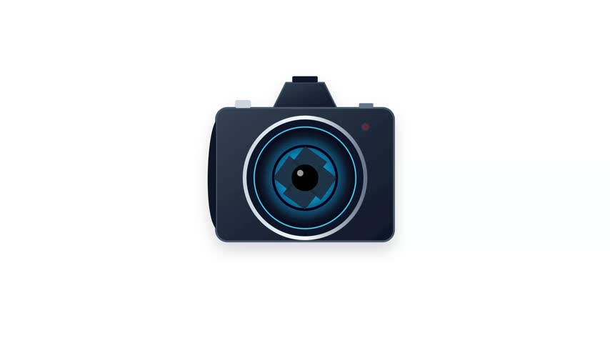 Minimalist digital camera graphic illustration featuring blinking red recording indicator light and rotating mechanical lens motion clip