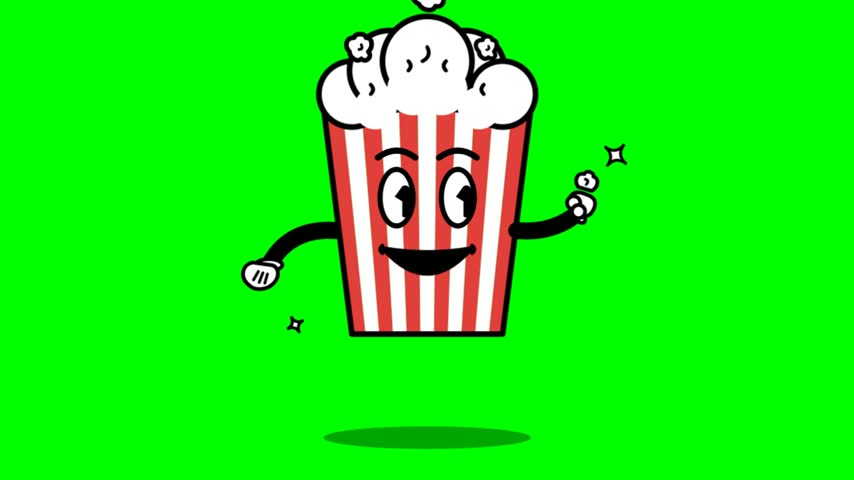 A joyful animated popcorn box character jumps rhythmically against a bright chroma key backdrop. The retro style container features vibrant red stripes and a friendly smiling face with large expressive eyes. Simple black limbs move playfully as the snack bounces up and down. This clean design creates cheerful atmosphere suitable for fun entertainment projects.
