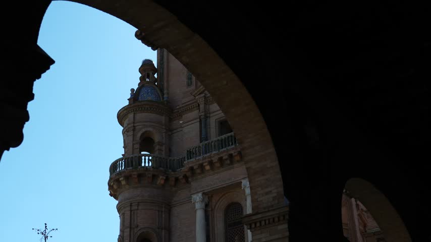 Grand architectural detail of the monumental palace building at Plaza de Espana in Seville, Spain