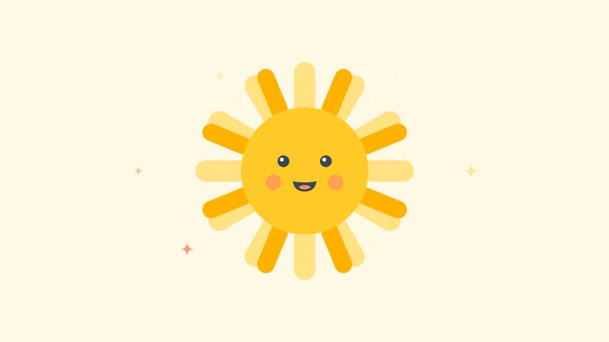 A cute yellow sun icon with a cheerful face and rosy cheeks rotates gently against a soft cream backdrop. This minimalist vector animation features flat design aesthetics with glowing star accents surrounding the central figure. The bright cheerful atmosphere creates a playful mood suitable for educational content or lighthearted children media projects.