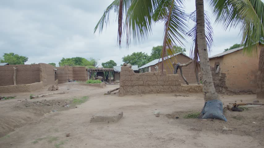 African Village with Mud Houses and Palm Trees