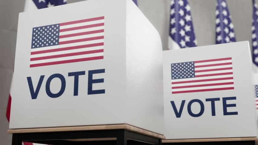 American polling place with ballot boxes