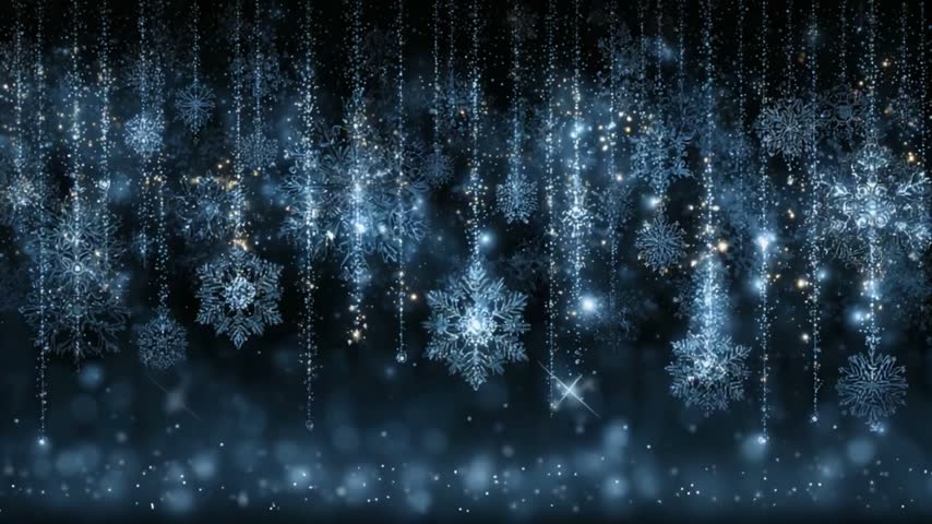 Hanging Glitter Snowflakes with Icy Sparkling Strands on Dark Blue Winter Background
