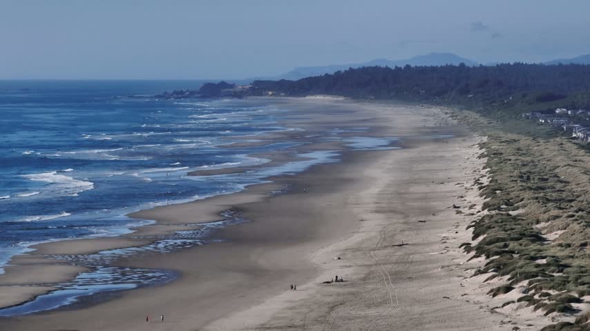 Oregon coastline aerial view showcasing expansive sandy beaches gentle ocean waves and a dense evergreen forest along the shoreline