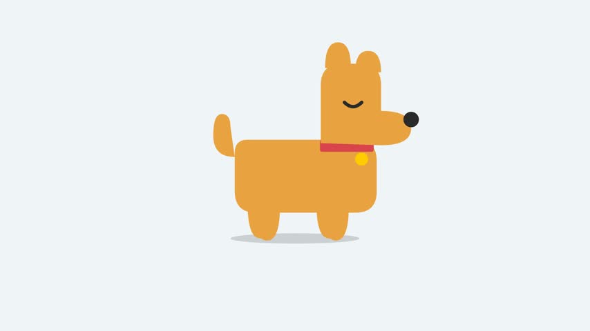 A charming and simple animated flat vector dog character walking, isolated on a light background, ideal for kids media or brand mascot projects.