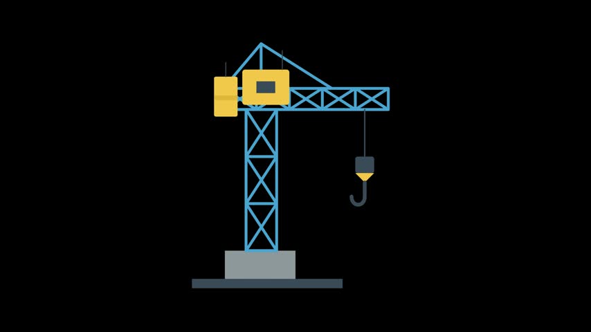 Graphic illustration of a blue construction crane featuring yellow counterweights and a hanging hook. Flat design motion graphics element set against a dark background.