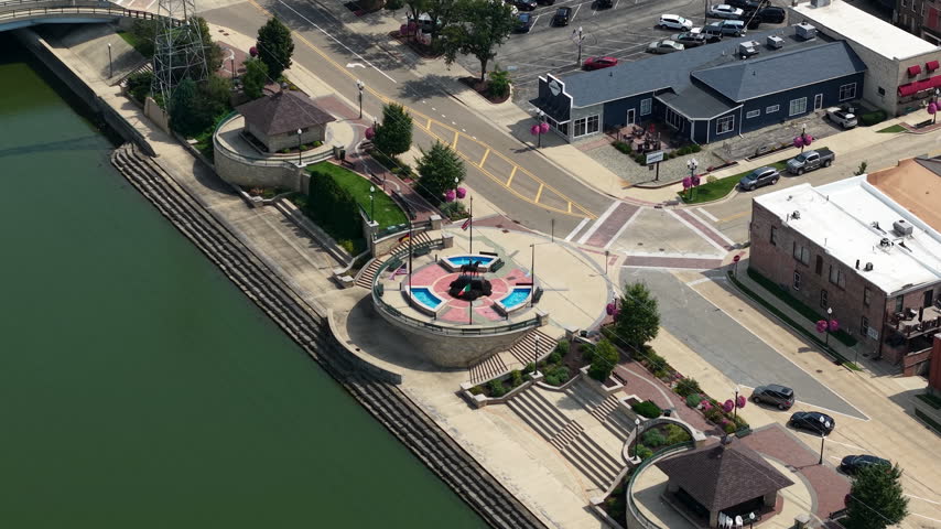 Drone Shot of Riverfront Park in Dixon, Illinois USA, Landmark and Promenade by Rock River