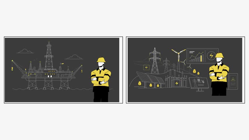 Professional energy vector pack combining offshore oil and gas, solar power, wind energy, electrical infrastructure and industrial workers in a clean line art style.