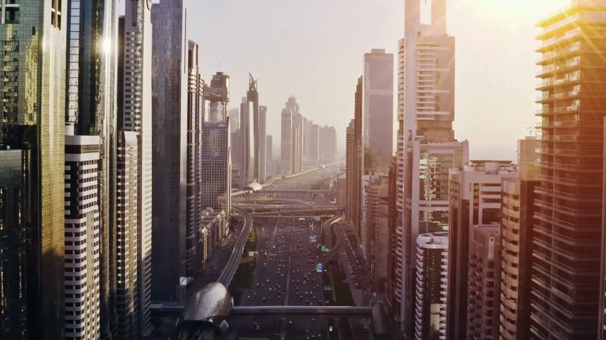 Wide Aerial View of Dubai UAE Skyline with Skyscrapers, Roads and Modern Urban Architecture