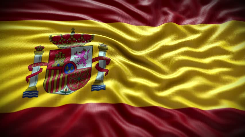 Close-up 3D animation of the Spanish national flag moving naturally in the wind, showcasing the red and yellow colors and national coat of arms, suitable for Spain-related news, travel, tourism, international events, and cultural content.