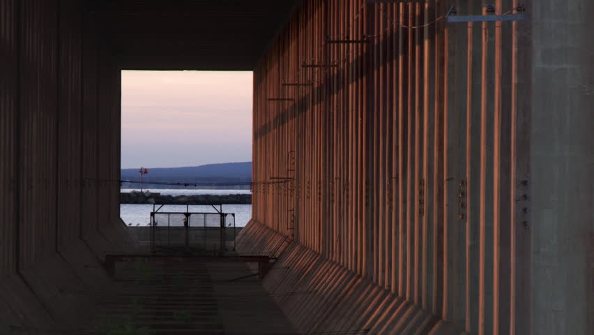 View through the center of a disused ore dock, once used for filling large ships