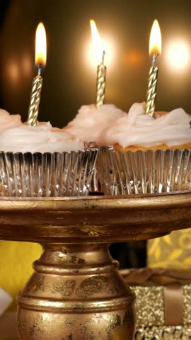 Cupcakes with Gold Candles and Presents with Candles Flickering at a Party