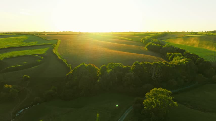 Sunset over rolling agricultural fields with hedgerows and woodland. Low sunlight across cultivated farmland. Rural countryside with green fields, long shadows and trees along field boundaries