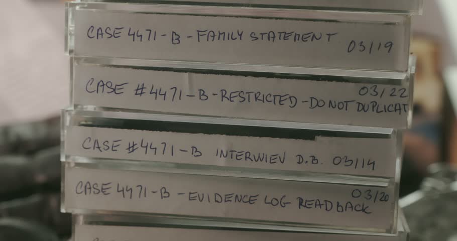 Macro pan reveals a stack of retro cassette tapes on a detective crime desk, representing archived recordings and cold case evidence.