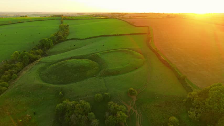 Grass covered mounds marking the remains of a medieval castle in rural England. Aerial view of historic earthworks with grazing cattle, hedgerows and farmland. Warm sunset over countryside