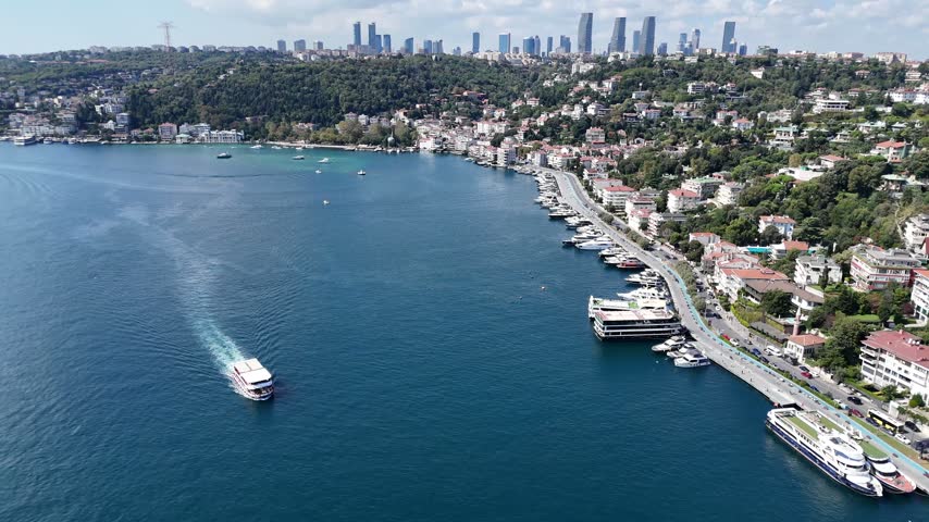 Drone View of Istanbul Turkey Bosphorus Bay with Ferry Boat and Dense Waterfront City