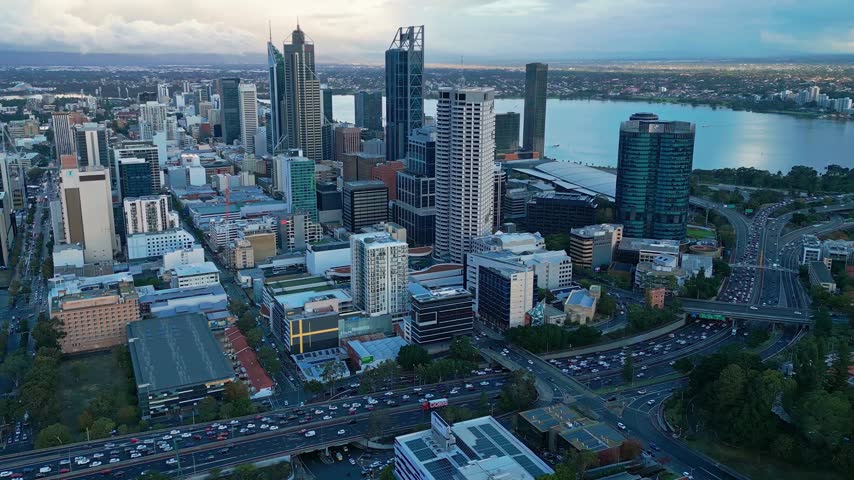 Aerial Drone View of Perth Western Australia Cityscape with Urban Skyline and Swan River