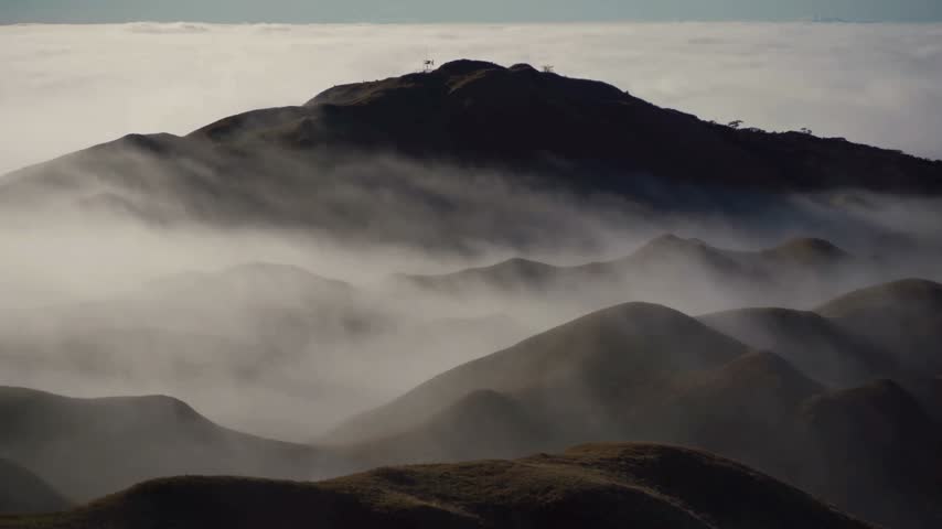 Mountains rise from the mist, creating a unique view of rolling hills and clouds below. The scene showcases nature