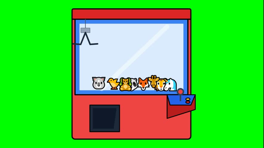 Animated red claw machine game picking up a toy animal on green screen