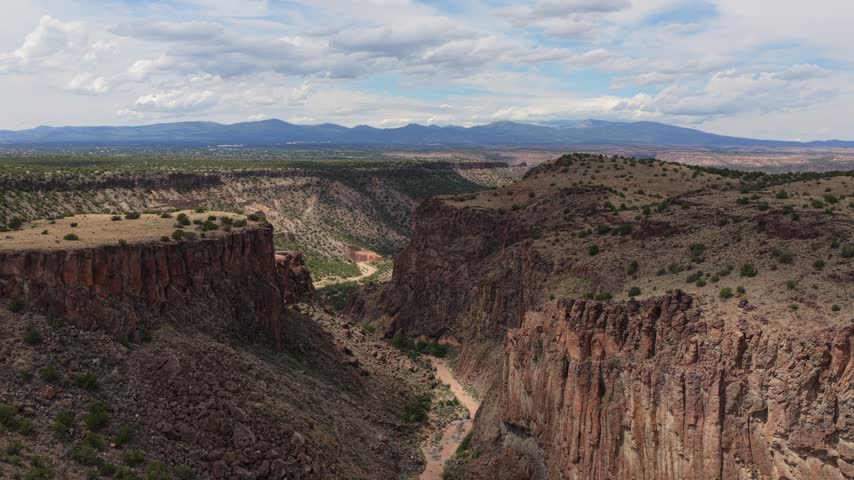 Aerial view of the rugged cliffs and winding riverbed of Diablo Canyon Recreation Area in Santa Fe, New Mexico, United States.