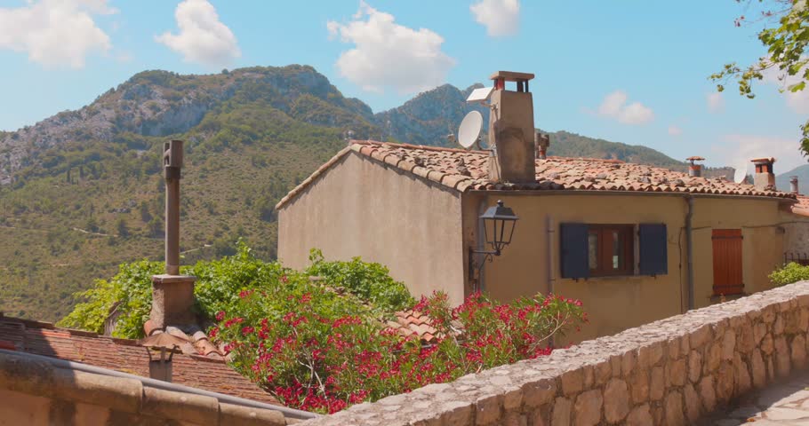Traditional Stone House With A Tiled Roof In The Medieval Hilltop Village Of Sainte-Agnès In The Alpes-Maritimes Of Southern France. Static Shot