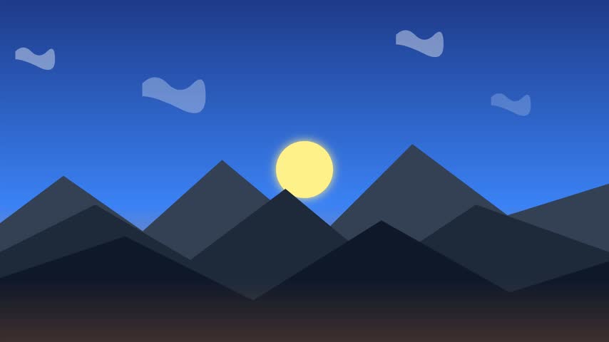 A high-quality 2D flat motion graphic depicting a serene mountain range at dawn. Features a glowing sun rising behind stylized peaks against an orange to blue gradient sky with drifting clouds.