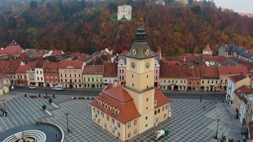 Aerial view of the historic Council House in the Council Square of Brasov, Brasov, Romania.