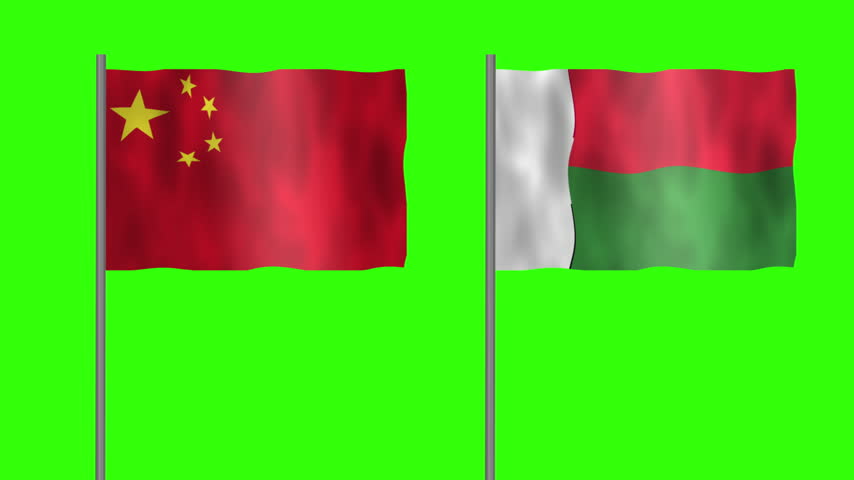 Flag of Madagascar and China, Pole flag of Madagascar and China on Green screen chroma key, Madagascar and China flag waving.

