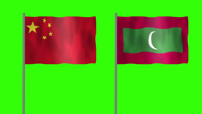 Flag of Maldives and China, Pole flag of Maldives and China on Green screen chroma key, Maldives and China flag waving.

