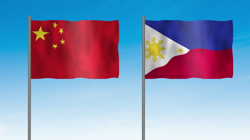 Flag of Philippines and China, Pole flag of Philippines and China on clear sky background. Philippines and China flag waving. 
