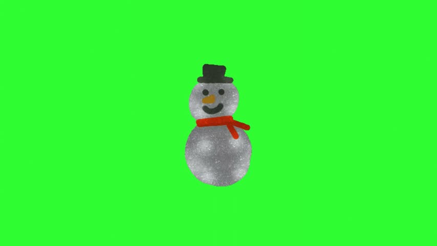 Cute animated snowman with a black top hat, orange scarf, carrot nose, and smiling face moving on a bright green screen background. Ideal for Christmas, winter holiday, festive greeting, seasonal advertising, kids content, social media videos, motion graphics, video editing, and chroma key overlays.
