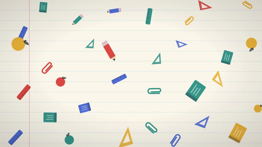 Animated school supplies like pencils rulers apples and paper clips falling on lined paper background