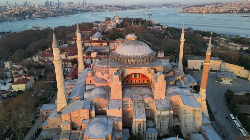 Hagia Sophia Mosque (Ayasofya Camii) Drone Video, Sultanahmet Square Fatih, Istanbul Turkiye (Turkey)