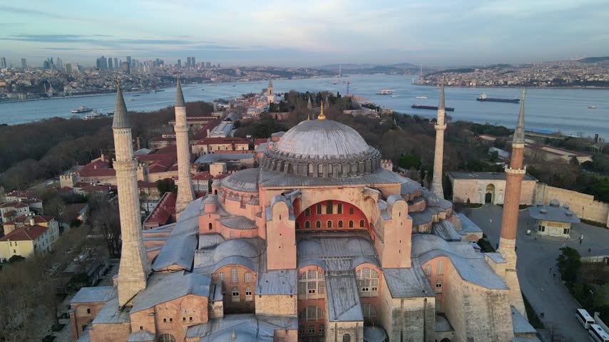 Hagia Sophia Mosque (Ayasofya Camii) Drone Video, Sultanahmet Square Fatih, Istanbul Turkiye (Turkey)