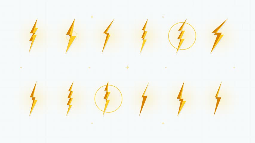 A collection of stylized yellow lightning bolt icons arranged in a clean grid pattern against a light background. These minimalist graphic elements feature simple geometric shapes and subtle glowing effects. The animation shows specific symbols highlighting sequentially within circular outlines, creating a rhythmic and modern visual display for user interface applications.