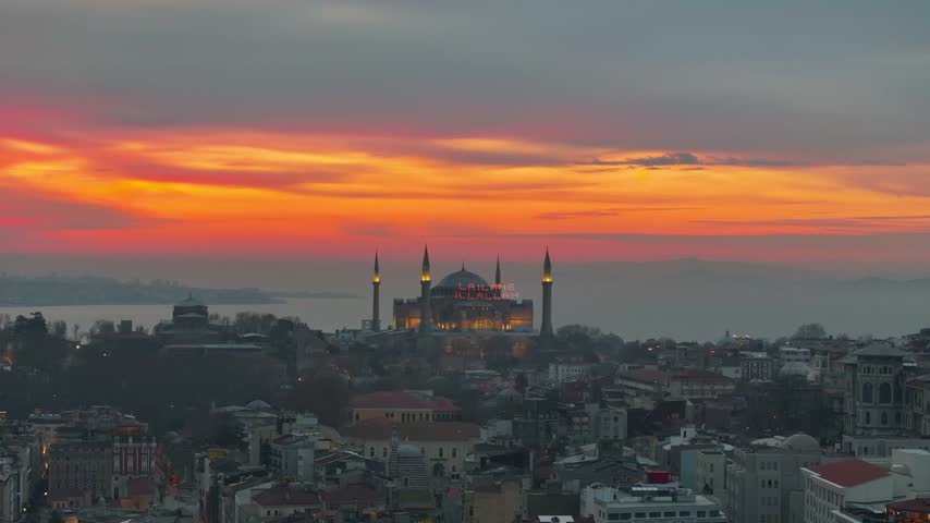 Hagia Sophia Mosque (Ayasofya Camii) Drone Video, Sultanahmet Square Fatih, Istanbul Turkiye (Turkey)
