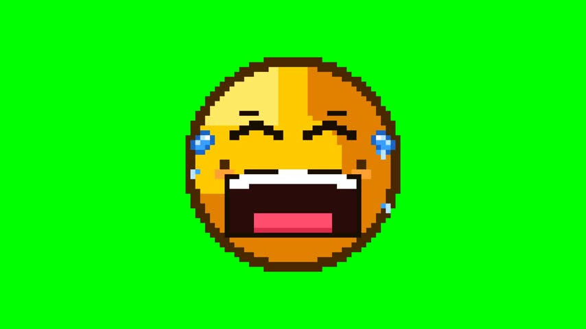 Seamless 8-second 4K pixel art looping animation of a laughing "Face with Tears of Joy" emoji featuring squeezed laughing eyes, animated falling blue teardrops, and rhythmic laughing tremors on a solid chroma key green screen. Perfect for video editing, meme overlays, gaming streams, and stock video production.
