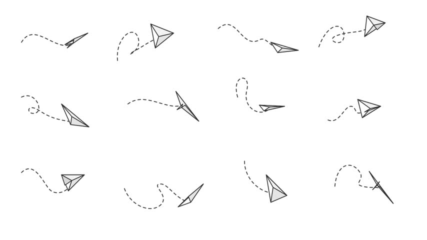 This animation displays a collection of twelve simple paper airplane icons navigating various paths against a clean white background. Each small craft follows a unique dashed trail representing flight direction and motion. These monochrome line art graphics feature geometric shapes, flat shading, and a modern aesthetic suitable for travel concepts or navigation interface elements.