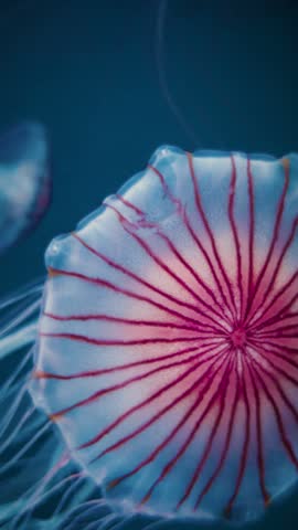 cinematic vertical close-up shot of a beautiful japanese sea nettle jellyfish with red stripes pulsating and swimming gracefully in deep blue dark water