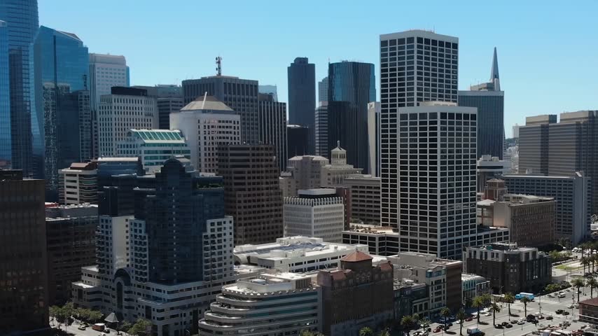 Aerial view of the modern skyscrapers and urban architecture of the San Francisco city skyline in San Francisco, California, United States.