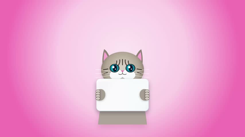 A sweet, friendly grey cartoon cat, characterized by its big blue eyes and cute pink ears, is prominently featured holding a blank white rectangular sign. The illustration is set against a soft yet vibrant pink gradient background, which transitions from light to dark. This versatile image provides significant copy
