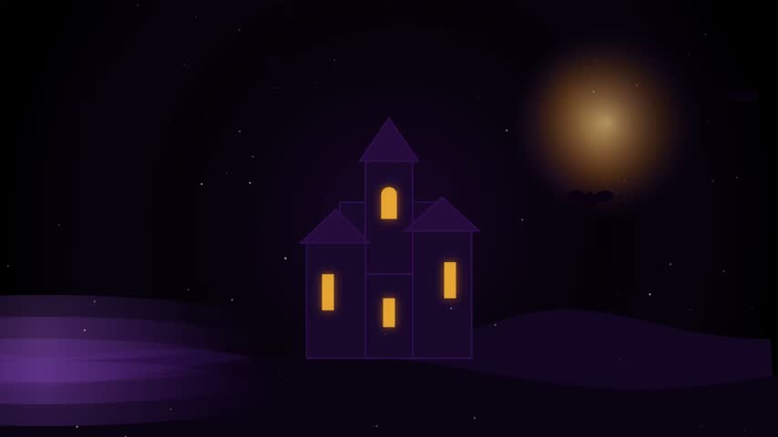 A dark, stylized haunted house silhouette with glowing windows set against a purple night sky with a bright full moon and bats.