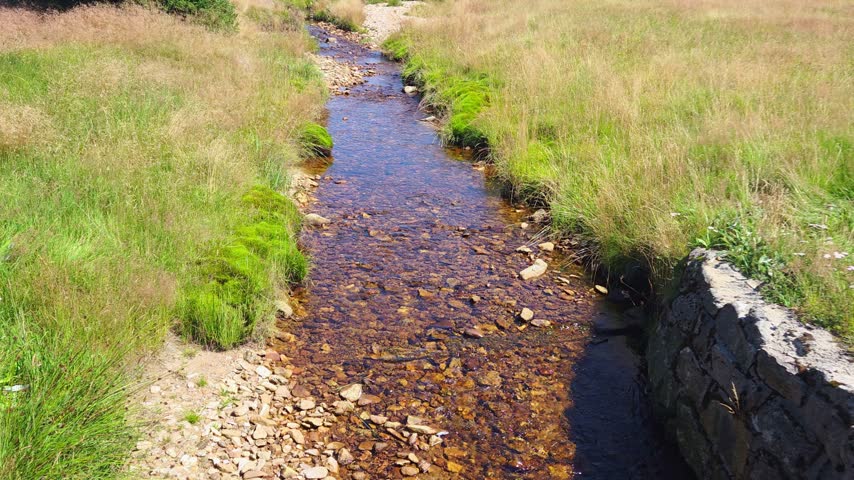 Shallow mountain stream flows over colorful stones through dry grassland, bordered by green vegetation and a rustic stone wall in sunlight